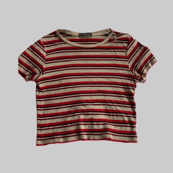 Brandy Melville Tops - Brandy Melville 90s Stripe Brown and Red Ribbed Short Sleeve Crop Baby Tee EUC